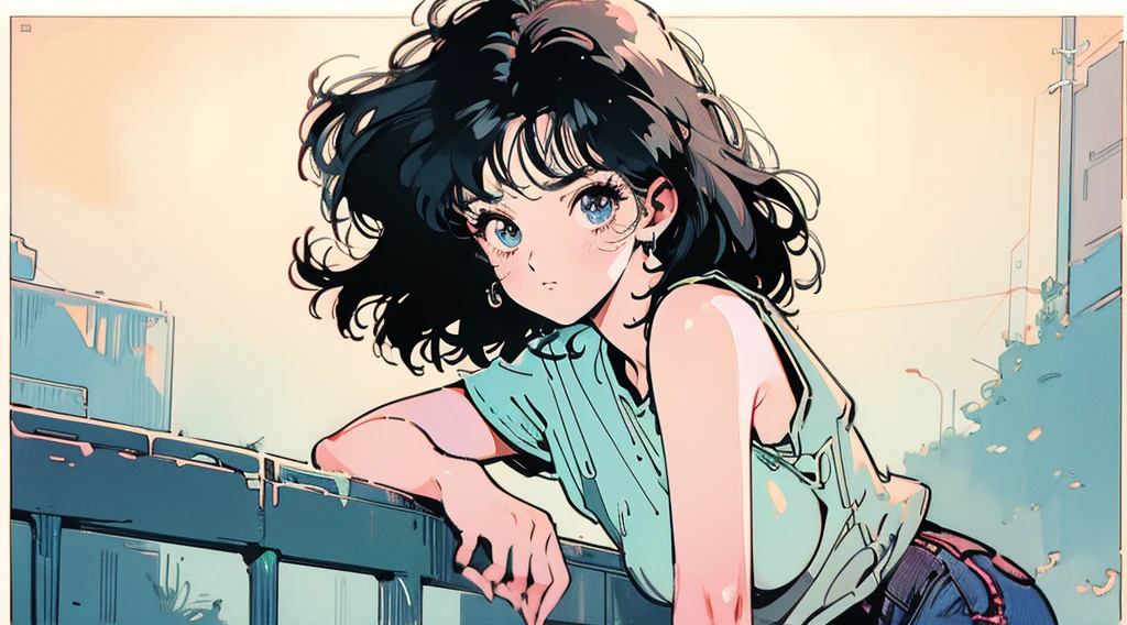 Highest quality、high resolution、Subtle details、Accurate anatomy、New Retro、80 hair、Beautiful woman、Woman with short black hair、Adult female、Curly Hair、White tank top、Denim colored shorts、Sad face,, Lofi Art, anime art wallpaper 4k, anime art wallpaper 4k, anime wallpaper 4k, anime wallpaper 4k, Praise atmosphere background,Streetscape,City Pop