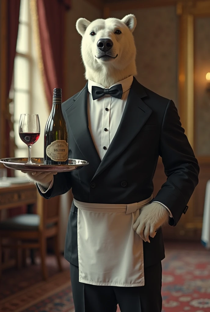 Palace indoors. Dining hall. A polar bear dressed as butler, wearing black business suit, black neck tie, white shirt. White waist apron. The butler is holding a tray containing a wine glass and a wine bottle. BREAK. The owner of the palace is sitting near having dinner. Soft light.