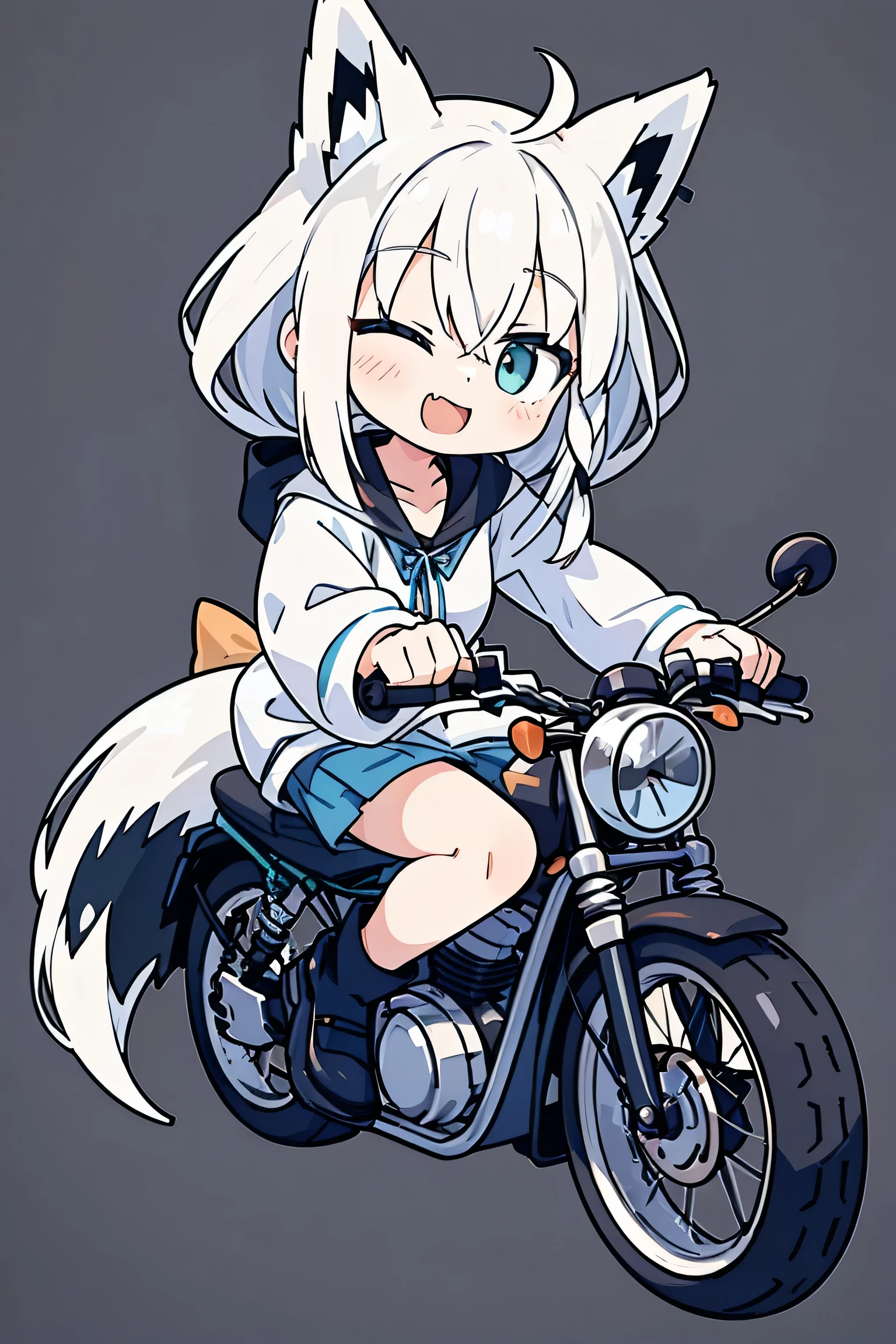Anime Style、 cute face、 1 woman、 fox ears、 Silver Hair、tail、simple background、smile、Shirakami Fubuki、double teeth、one eye closed、Black shoes、riding a motorcycle