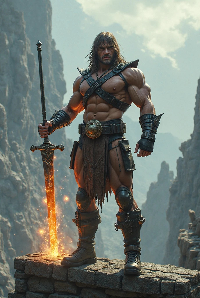 warrior man with big sword, muscular man of micro loincloth with bulge, sword in hand, bulge in micro loincloth, city background, bright and gleaming sword, quality image, best quality, in attack position, realistic details, magic particles, whole body image, clothes with golden details, long hair tied, scar on face, image catching all body,  boots with golden details, blood particles, golden armor, uncovered abdomen, micro leather thong, scar on chest, part of leather armor, manly man, man with big hair, big bulky muscles, whole body, medieval scenery, photo particles, rays of sunlight in the background, full body image, whole glass appearing in photo, medieval city background,  Medieval setting, hair flying in the wind, erection