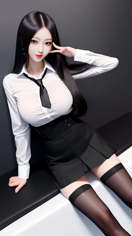 (Black Garter High Socks:1.5)、((Crossed legs:1.5)),Ultra-high resolution、(((Blunt bangs, Princess Bang))), (((Very heavy,Voluminous bangs:1.1))),(((very length, Very heavy,Very voluminous side locks:1.1))),, Princess Cut, Straight bangs hairstyle, Round face with Blunt bangs, length, Glossless hair、Bangs cut straight,(masterpiece, Highest quality:1.5), (Ultra-fine 8K CG:1.4), (hyperRealistic:1.25), (PhotoRealistic:1.25), (Realistic:1.4), Cowboy Shot, Beautiful Japanese supermodel from the front, Japanese Idols, (evil grin:1.5), Big Breasts, Sweat、(school uniform:1.5)、(sitting on a chair in the classroom)、Accentuate your cleavage:1.5、Black Hair:1.2、Full body image、((Real person:1.5))、((From below:1.5))