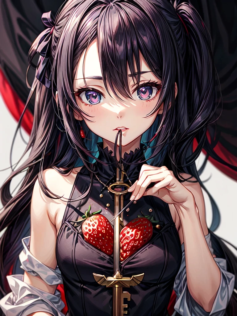 blush, cleavage,red fingerless gloves,glowing aura, natural light, masterpiece, glossy skin, juicy lips ,long hair, cute, kawaii, adorable, reaching up, adult, cuddle, kawaii clothes,random hair style, random clothes, black hair, (((pink streaks in hair))), yellow eyes,