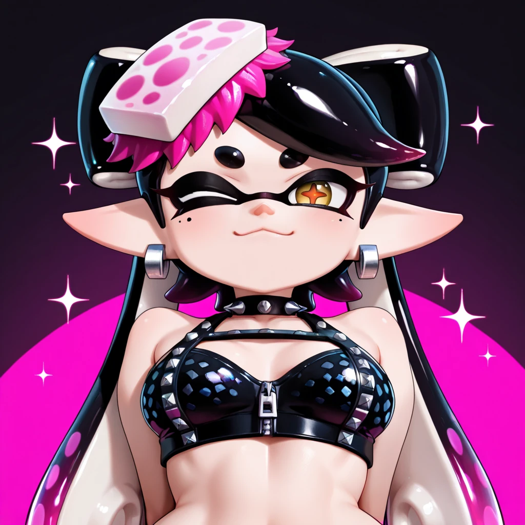((masterpiece、highest quality、Very detailed))、Real Anime、Splatoon Girl、Black tentacle hair、short hair、Twin-tailed tentacle hair、Golden Eyes、Wicked Smile、((Grin))、rouge、blush、gigantic breast、Cleavage、((Black ruffled clothes))、Off the shoulder、Strapless、((Black leather jacket))、((Red Edge Skirt))、Cowboy Shot、Nightclub Background