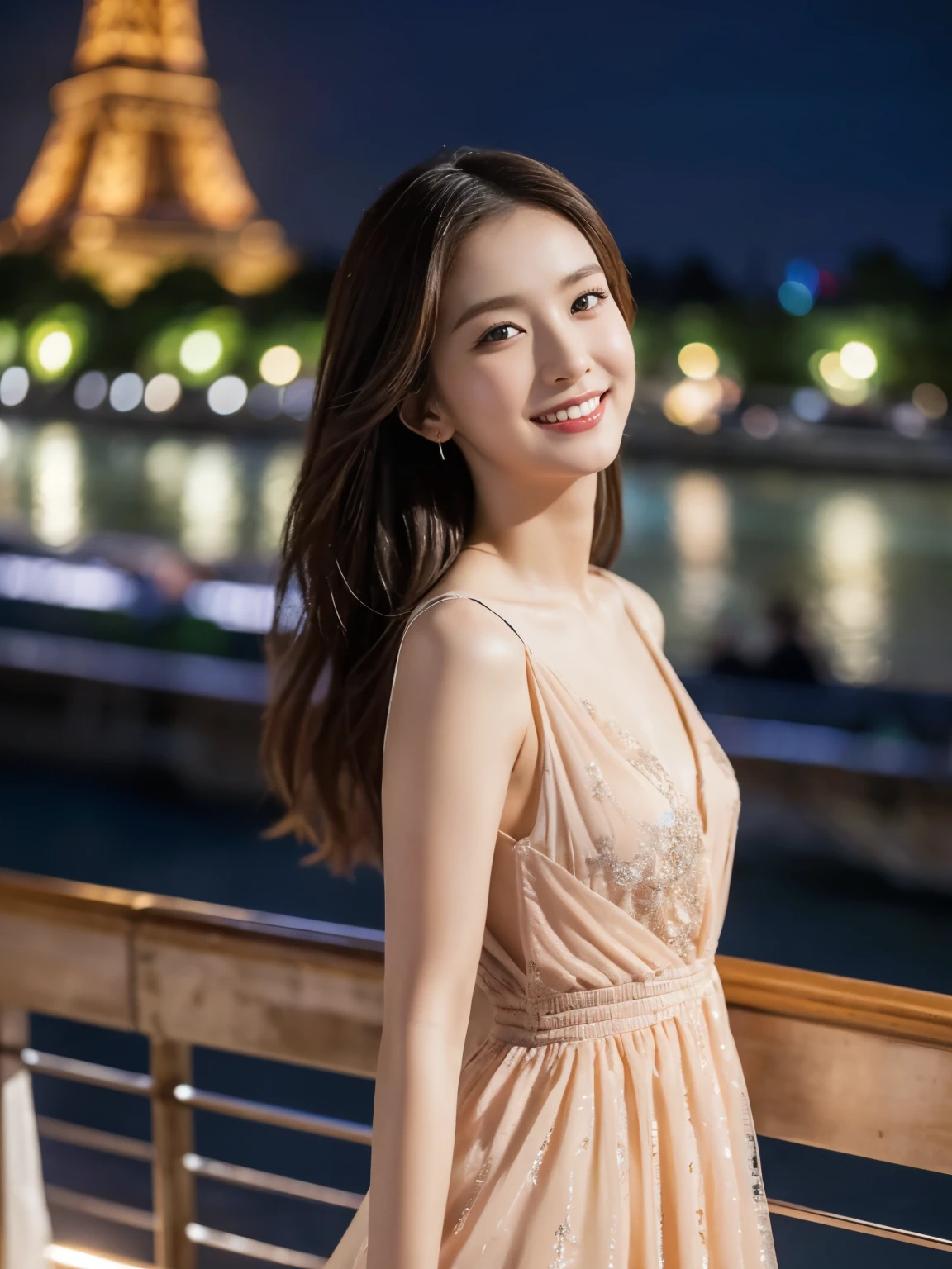 high detail，8K resolution，Ultra-high resolution，best picture quality，beautiful girl，lipstick，Love primary school students，Peerless beauty，Golden Straight Hair is spread casually，smooth hair，clavicle，Delicate makeup，Delicate and perfect facial features，The most beautiful big eyes，Sticking out tongue，blush，Smile，long hair，Straight Hair，Holding a golden medal，Going out in a blue half-shoulder evening dress，Be close to the audience，Dynamic angle，Ultimate picture quality，Highest precision，night，Night view，The illuminated Eiffel Tower and the Seine River in the background，There are five large apertures nearby
