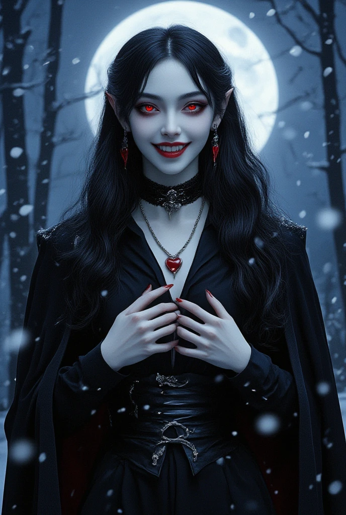 A beautiful vampire gentleman is glaring at the viewer, upper body. finely detailed beautiful eyes, very long jet black hair, pointy ears, triumphant grin with showing her fangs, slightly glowing red eyes, Porcelain-white skin, pointed red nails, earrings, black choker and red heart necklace, vampire fangs, black pants and shirt with cloak, pale glowing aura, sharp focus, cinematic lighting, photo realistic, in a deep forest where moonlight shines through, winter night, snow falling, bokeh effect, Falling heavy snow in the foreground