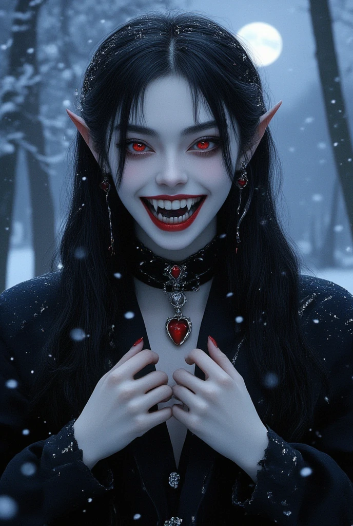 A beautiful vampire gentleman  is glaring at the viewer, upper body. finely detailed beautiful eyes, very long  jet black hair, pointy ears, triumphant grin with showing her fangs, slightly glowing red eyes, Porcelain-white skin, pointed red nails, earrings, black choker and red heart necklace, vampire fangs, black pants and shirt with cloak, pale glowing aura, sharp focus, cinematic lighting, photo realistic, in a deep forest where moonlight shines through, winter night, snow falling, bokeh effect, Falling heavy snow in the foreground