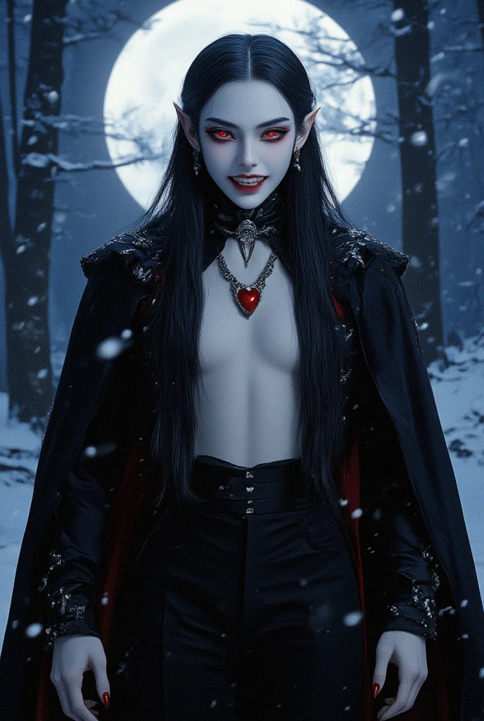 A beautiful vampire gentleman is glaring at the viewer, upper body. finely detailed beautiful eyes, very long jet black hair, pointy ears, triumphant grin with showing her fangs, slightly glowing red eyes, Porcelain-white skin, pointed red nails, earrings, black choker and red heart necklace, vampire fangs, black pants and shirt with cloak, pale glowing aura, sharp focus, cinematic lighting, photo realistic, in a deep forest where moonlight shines through, winter night, snow falling, bokeh effect, Falling heavy snow in the foreground