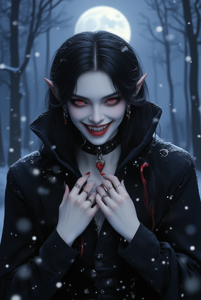 A beautiful vampire gentleman is glaring at the viewer, upper body. finely detailed beautiful eyes, very long jet black hair, pointy ears, triumphant grin with showing her fangs, slightly glowing red eyes, Porcelain-white skin, pointed red nails, earrings, black choker and red heart necklace, vampire fangs, black pants and shirt with cloak, pale glowing aura, sharp focus, cinematic lighting, photo realistic, in a deep forest where moonlight shines through, winter night, snow falling, bokeh effect, Falling heavy snow in the foreground