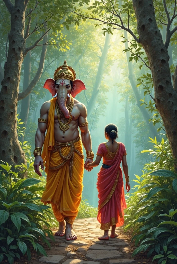 Create a realistic picture of a 1 guy walking hand in hand with Lord Ganesha. The guy is barefoot, wearing a t-shirt with the name “ADITYA” written on it, and blue jeans. The environment is gorgeous, set in a garden, adding to the festive atmosphere.