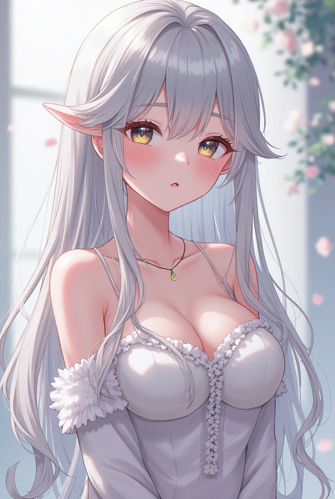 1girl, anime, cute girl, elf, blank background, white background, fantasy, detailed dark fantasy dress with highlights, beautiful face, beautiful eyes, dark colors, medium breasts, slight cleavage, beautiful skin, cute, silver hair, red eyes, breast curtains, extremely delicate and beautiful, (beautiful detailed face:1.0), (detailed deep eyes), symmetrical breasts, deep eyes, shiny skin, portrait, slender waist, hips wider than shoulders, thighs, young girl