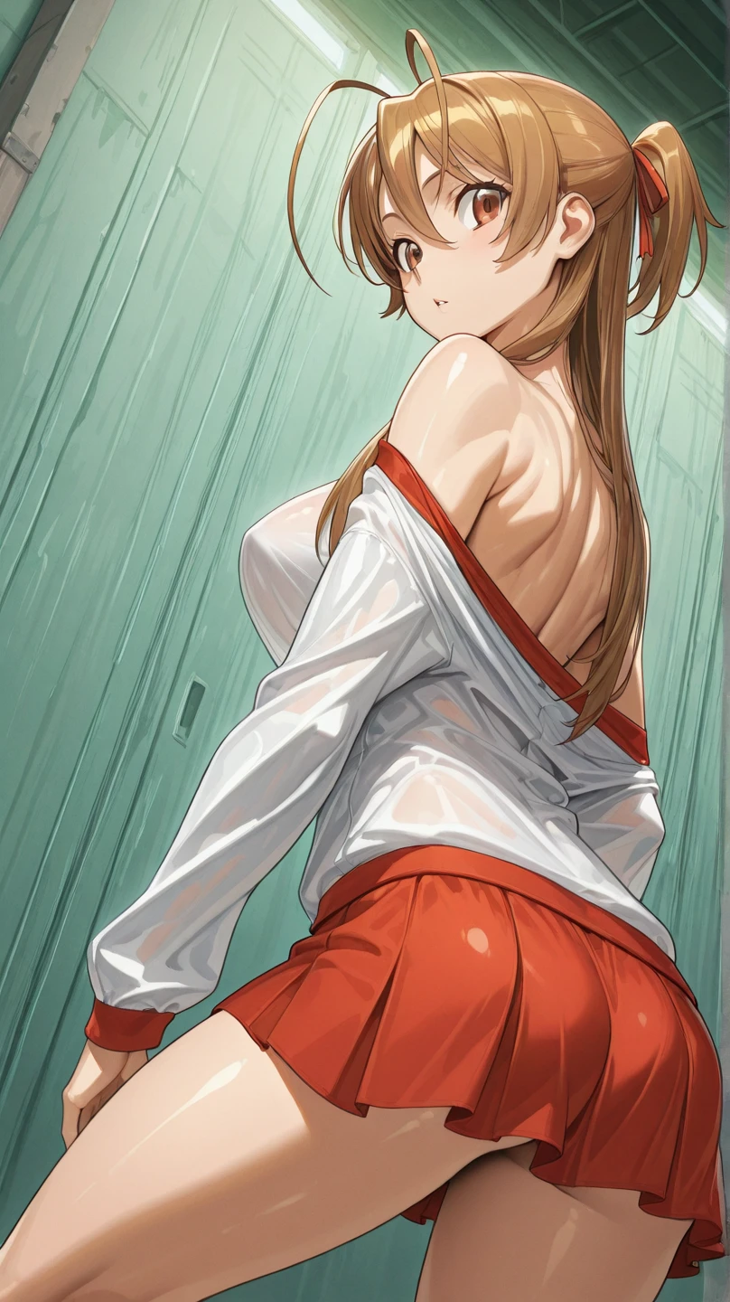 1girl, mature_female, breasts, underwear, panties, sae chabashira, (30 year old adult woman:1.5),long hair, (black髪:1.5), hair ornaments, (brown eyes:1.5), ponytail, hair clip ,, , bra, armpits, solo, sweat, large_breasts, pov , undressing in pov, cleavage, looking_at_viewer, arms_up, , blush,, open_mouth, navel, , undressing , mature body , milf , busty , wide ass