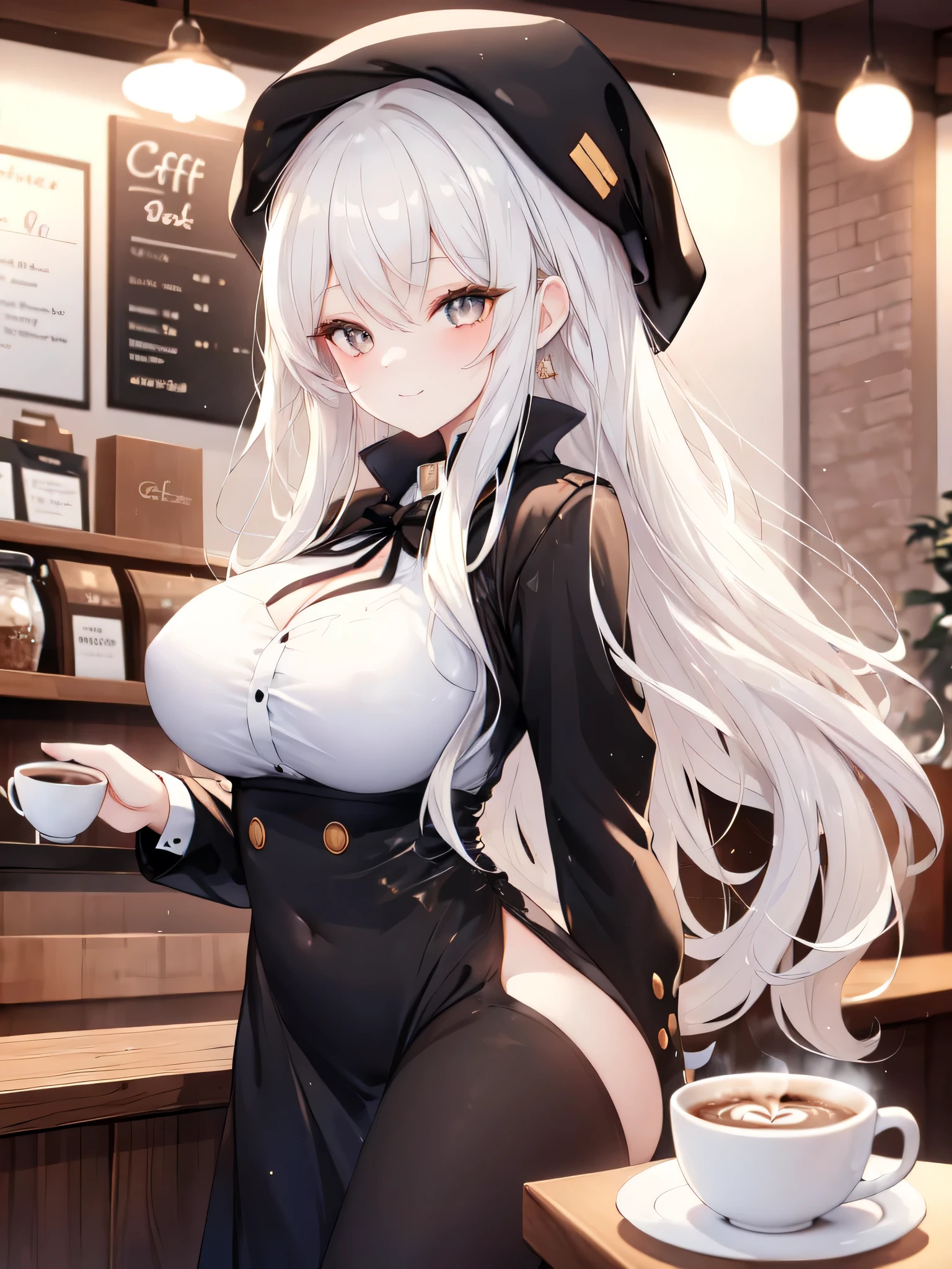 1 woman milf “"Giant breasts" + "large rear" + "wide hips" + "plump thighs" + "red eyes" + Pointy ears + drinking starbucks coffee + (("serious expression")) + "Long white Hair in a two ponytails" + "Red Lips" + "Lucious Lips"”)}, {“Outfit”: White shirt, tight black skirt})