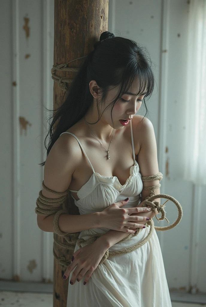 ((masterpiece)), ((best quality)), (ultra-detailed), NSFW, underground,a cute girl, 1girl, solo, (white tanktop dress),(rope bound arms), (both hands are bound and is hung from the ceiling), BDSM,shibari,restrained,((thin waist)),(((Torture that tightens the waist with a rope))),beautiful black hair, beautiful black eyes, (beautiful eyes), long hair,troubled expression
