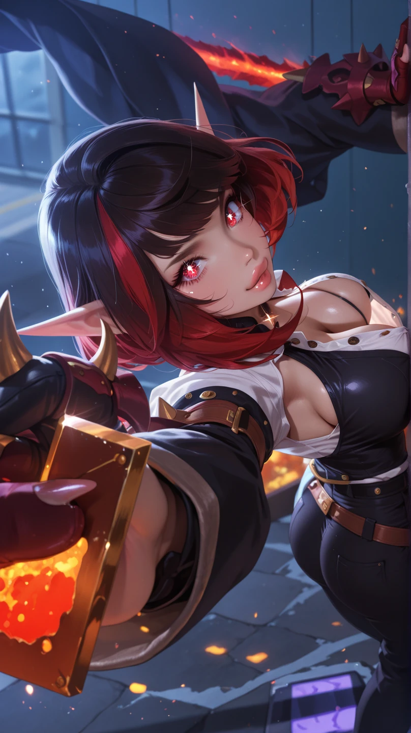 1 girl, solo, dark flaming red hair, (colourful_fringes), view from the side, menacing aura, grin, evil expression, jagged teeth, ponytail, black bow, glowing emerald green cyborg eyes, blue jacket, large breasts, V-neck, short gloves, (muscular physique), cyberpunky background