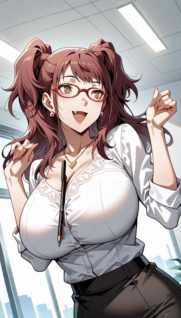 (masterwork, masterpiece, best quality, hyper-detailed), 1 girl, solo, p4rise, kujikawa rise, twintails, long hair, brown hair, earrings p4rise-sumcas, heart necklace, ,open mouth,fang,1girl, solo, slight smile, office lady, office room, indoors, professional light, dutch angle, gigantic breasts,bursting breasts,wear nerd glassesr,view from below,dynamic angle,pen between breasts,sexy pose,smile
