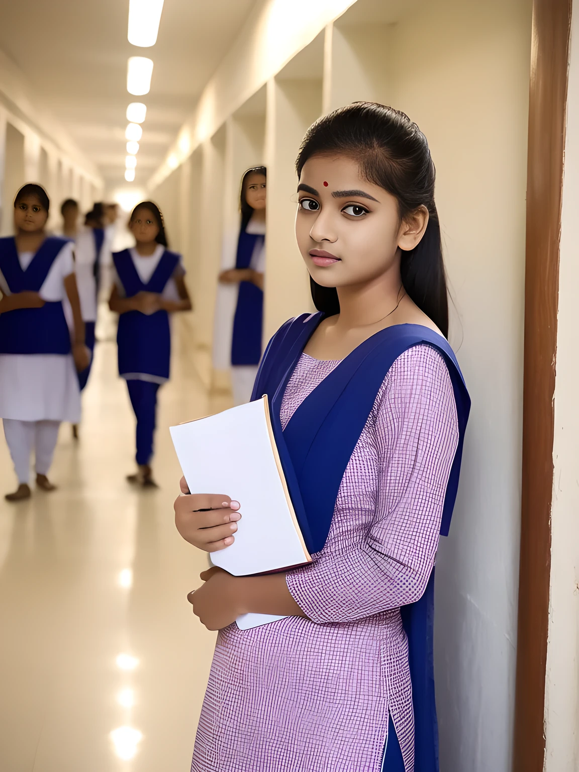 salwar kameez, school girla young indian girl wearing a traditional salwar kameez outfit, standing in a school setting, detailed facial features, confident expression, holding books, 4k, highly detailed, cinematic lighting, school hallway background, realistic, photorealistic,professional,vivid colors,intricate,elegant,beautiful