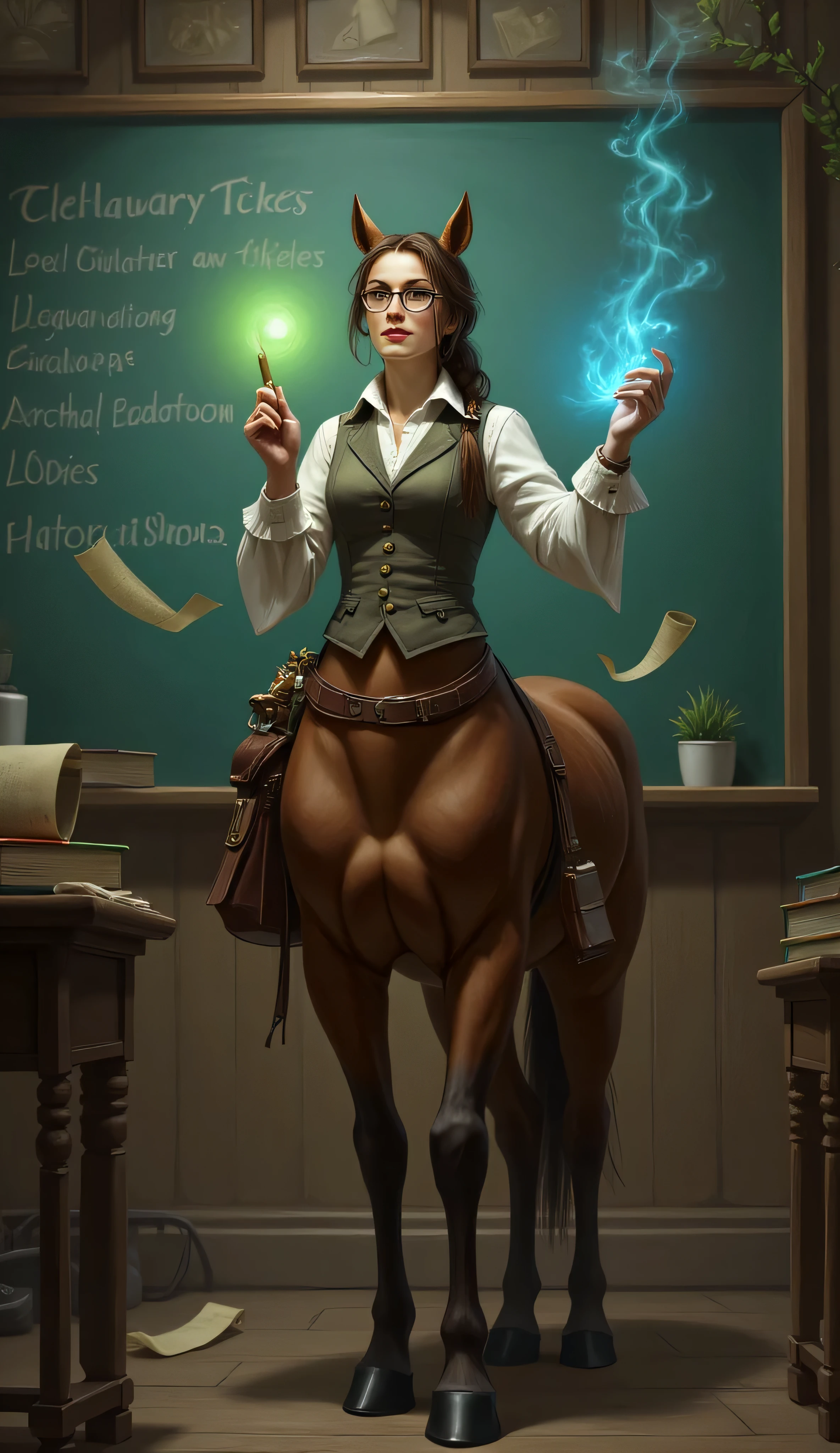 wise and kind centaur teacher, standing, in front of a magical classroom, floating books, glowing chalkboards, enchanted scrolls, human upper body is dressed in a scholarly blouse, vest, reading glasses, her long hair tied into a loose braid, holds a glowing pointer, warm firm expression, horse half is graceful and well-kept, satchel full of scrolls hanging at side, calm inspiring and slightly whimsical atmosphere, fantasy school setting, richly detailed, soft lighting, storybook style