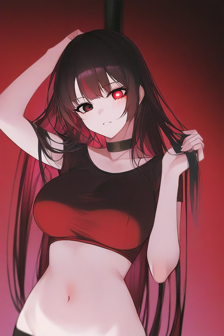 underdressing,Expression of disgust,Expression of disgust,Red Eyes,Sweat,Soaked,liquid,transparent,Cropped tops,succubus,pink,stocking,grid