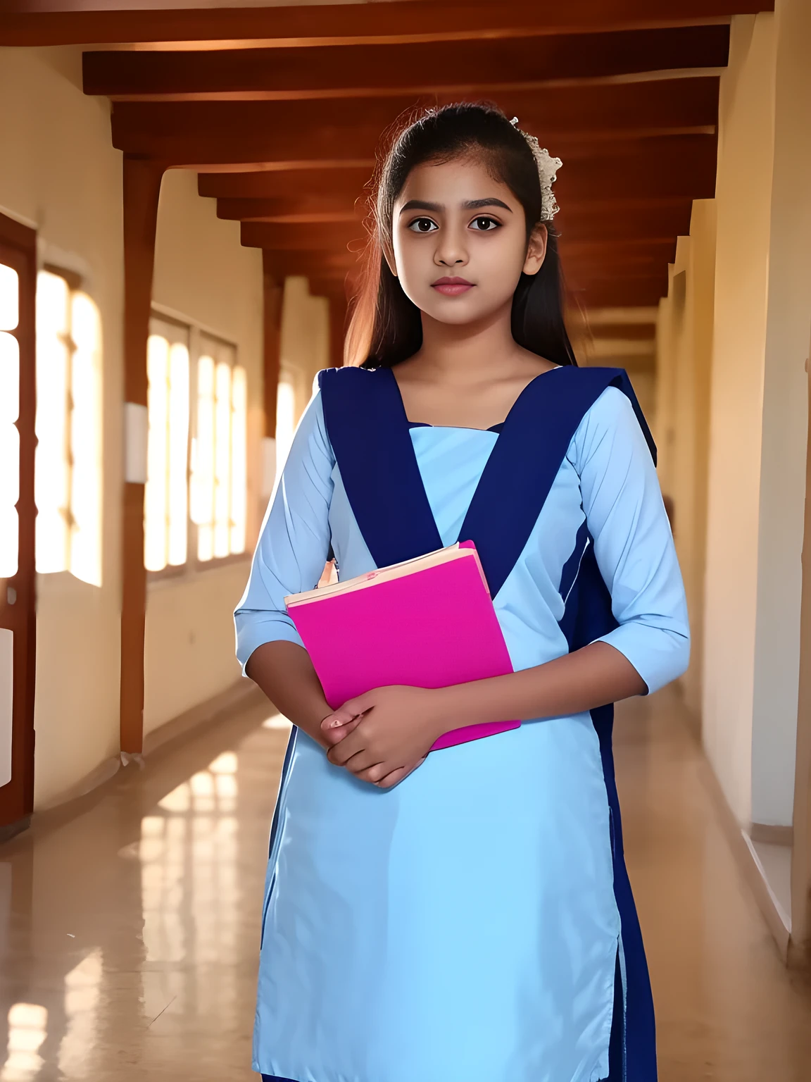 salwar kameez, school girla young indian girl wearing a traditional salwar kameez outfit, standing in a school setting, detailed facial features, confident expression, holding books, 4k, highly detailed, cinematic lighting, school hallway background, realistic, photorealistic,professional,vivid colors,intricate,elegant,beautiful