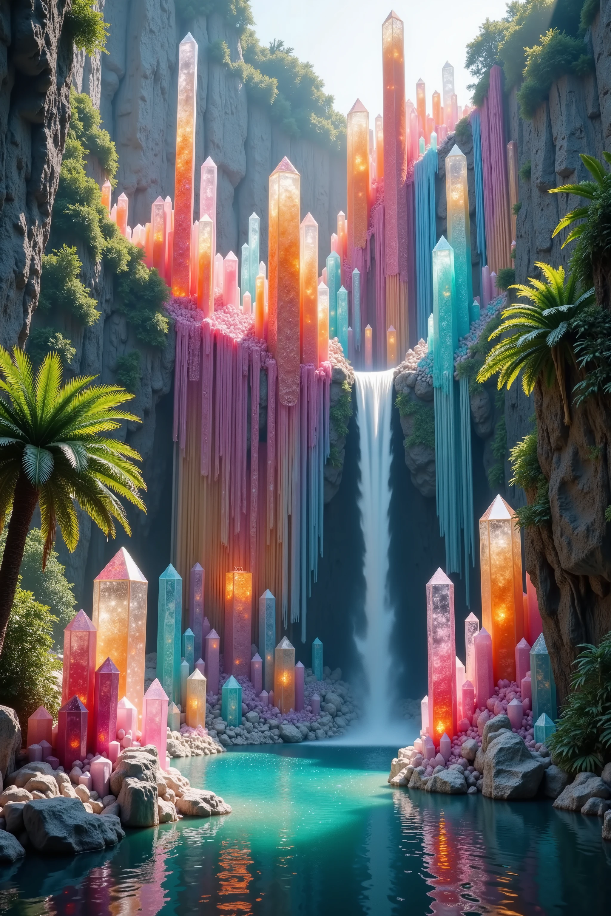 A cliff that is 300 feet tall made up of gigantic and translucent quartz crystal points that are multicolored pillars in a tropical rainforest. In the middle of these skyscraper sized quartz crystals is an incredible gushing, cascading waterfall that pours into a beautiful lagoon that is lined with hundreds more quartz crystals 20 to 40 feet tall. In hues of Pink, Red, Orange, Yellow, Green, Blue, and purple, there are hundreds of them and they must be partially translucent, partially see through just like real crystals can be and radiate color in the bright full sunlight of the day. Insert hundrexs more crystals in the lagoon! Breathtakingly Beautiful, Stunning, Awe Inspiring, An Awesome Site! Ultra-realistic, 8K Octane, Action Painting, Artistic, Cinematic, Cinematography, Conceptual Art, Digital Art, Fujicolor, Super Saturated Colors, Hyperdetailed, Hyperrealism, Photorealistic,Portrait Photography, Surrealism, Unreal Engine, Sparkle, Depth Of Field, Cinematic Lighting, Glowing Light, Reflection Light, Ray Tracing, God Rays, Perspective, Ultra-Wide Angle, UHD, Super Detailed, Best Quality, Detail, Award Winning, Masterpiece