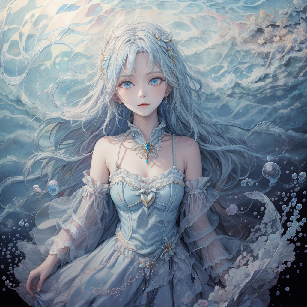 Beautiful water goddess with long light blue hair collapses on a bed of bubbles with sleepy eyes、masterpiece、realisitic