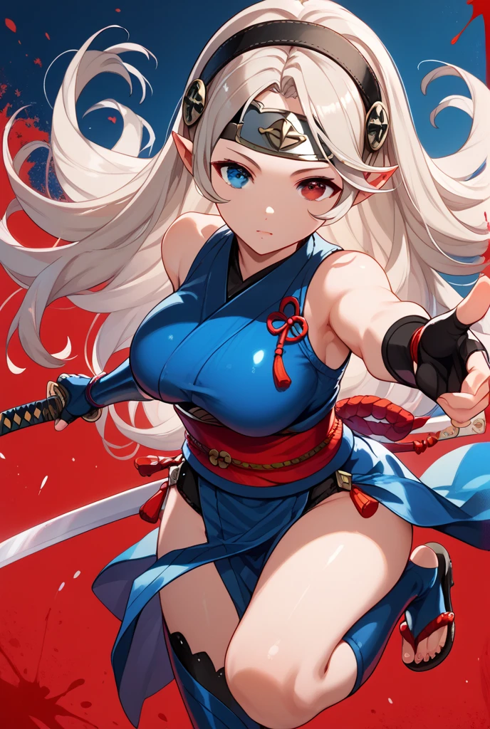 best quality, expressive eyes, perfect face, yamato, oni, kimono, red eyes, sfw, 28years old, shiny skin, shiny hair, tall female, huge breasts, yamato \(one piece\), sideboob, multicolored hair, white hair, kimono, pov, sexy