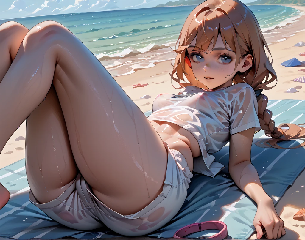 ,Girl,,Flat Chest,Little white panties,Small nipples,Highest quality、High resolution、Detailed Background、Beautiful face in every detail、Teenage Beauute hair colour、Brown Hair、Black Hair、Bobcut、Twin tails、Big smile、boost mood、 Summer sun、Shining Sea,Angle from below、Leg spread、Embarrassing、