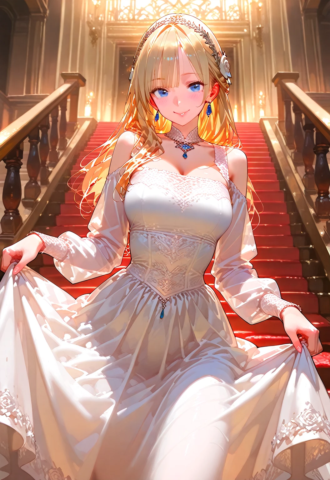 (((Dress Transparent Dress))), (((The dress features a voluminous hoop skirt and a long hem.、A gorgeous, incomparably gorgeous Rococo Victorian gown, Princess style skirt))), (ガウン shine まばゆいばかりに キラキラ 反射する プリズム状 透明 ガウン:1.2), (Gown A very elaborate gown:1.5), ((Huge breasts)), (Expressive hair), Very voluminous、Very long hair, bangs, Super delicate and beautiful face, Beautiful Lips, (Hyper Detail: Delicate and beautiful eyes), Cleavage, Beautiful smile, (((Young Face, Solo Enchanting Adorable Princess, Teenage Girl, pretty girl, very pretty girl))), (Anime Moe Art Style 1.3), (((masterpiece, Super detailed, Highest quality, Ultra-high resolution, Great quality, Exceptional Quality, Super detailed, Ultra-high resolution, Unity 16K, 32k, ultra photo Realistic))), (Face Focus, Eye focus, Realistic, Blurred Background, Lens flare, shine, Light caustic effect:1.5), (Background of the church at night:1.3), 