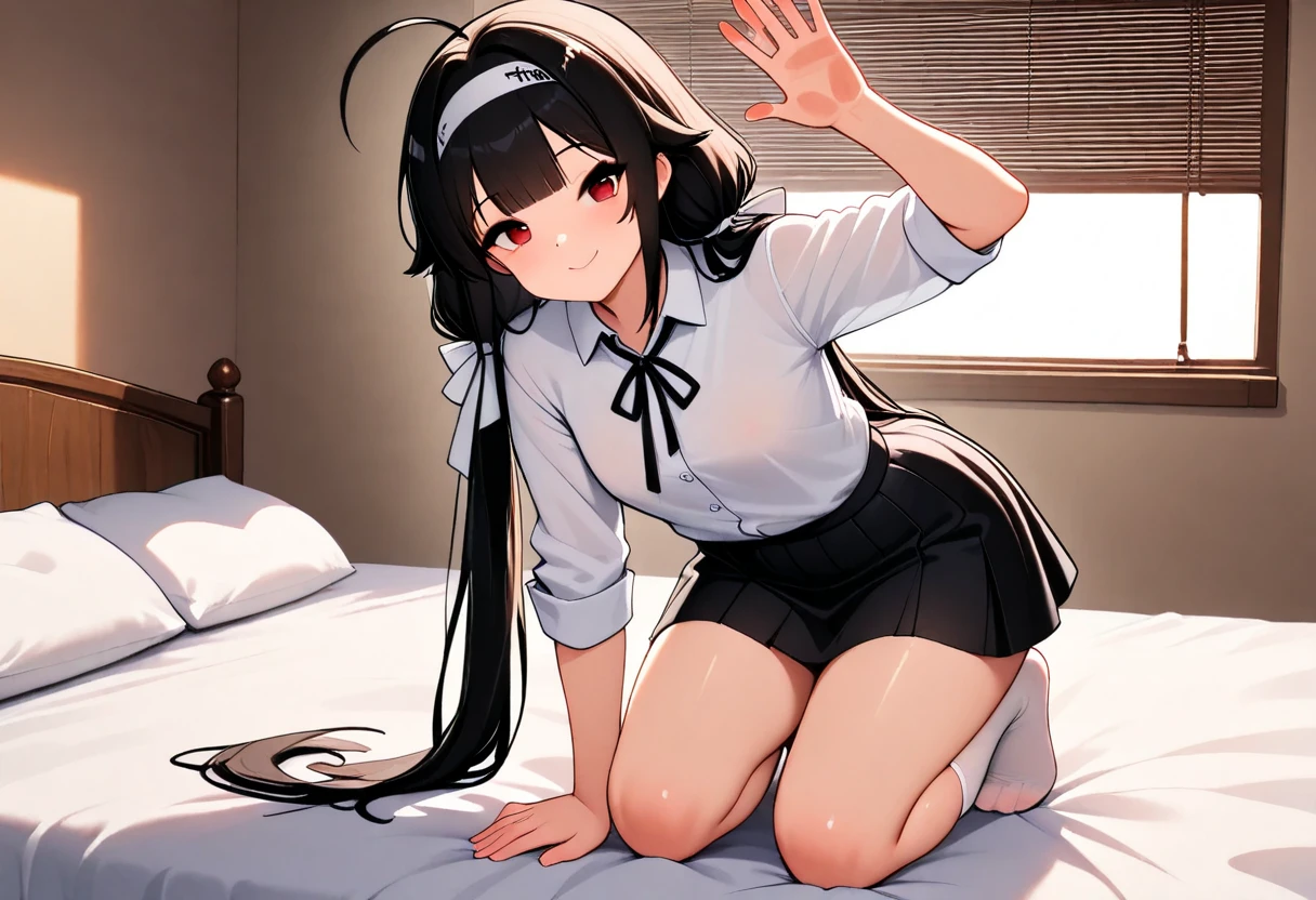 Spread your legs、girl、Home、night、On the bed、Short black skirt、Black Pantyhose、White sweater、Long, dark hair、Not wearing pants、Female organ、Brown eyes