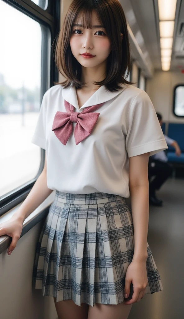 (((Japanese)))(10-year-old girl) ((((10-year-old girlが一人、alone)))) Black Hair Red Extensions whole body写真 Full Shot short hair Low ponytail whole body Thighs Checkered Skirt shirt loafers Train seats Spread your legs ((Shy face)) Visible through the gap(Panties) ((drop bowknott)) ribbon