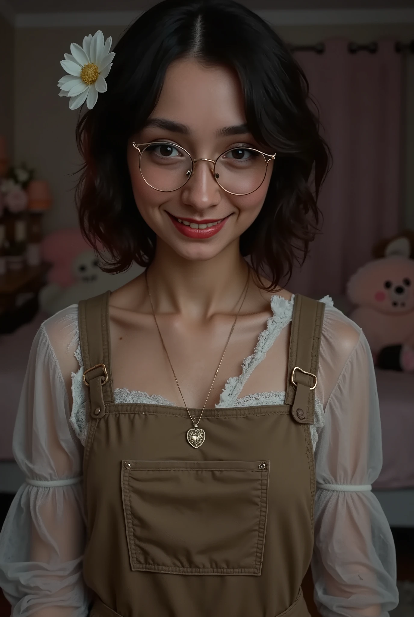 beautiful detailed photograph with Storybook Aesthetic , girl, pale skin, black brown short curly perm hair, a lock of curly hair partially covers her right eye, wearing an olive brown mechanical overall very dirty, standing in a dark dirty cover in spiderweb haunted 19 century living room of a mantion,no glasses, smilling, not sexy, not sexual, no makeup ,laughing with eyes closed, looking romantically at viewer,wearing reading glasses,