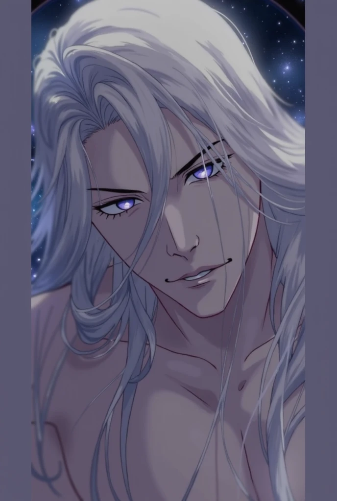 anime character, White hair, Curly hair, Pale skin, purple eyes, Long white eyelashes, male, muscular, 