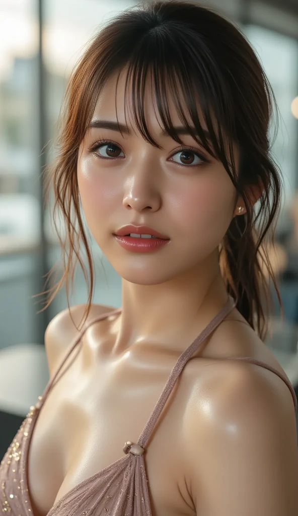 a beautiful young girl, 1girl, extremely detailed eyes and face, beautiful detailed eyes, beautiful detailed lips, longeyelashes, realistic skin, wet and messy hair, realistic fabric, deep dark eyes, graceful face, looking directly at viewer, movie-like cinematic style, detailed hair strands, perfect makeup, light and shadow effects, clair obscur, clear blue sky background, ponytail, realistic lighting, (best quality,4K,8k,highres,masterpiece:1.2),ultra-detailed,(realistic,photorealistic,photo-realistic:1.37),vivid colors,HDR,uhd,studio lighting,ultra-fine painting,sharp focus,physically-based rendering,extreme detail description,professional,smiling,full body,large breasts,short hair,blushing,slightly open mouth,blurred background,Blushing,black bikini