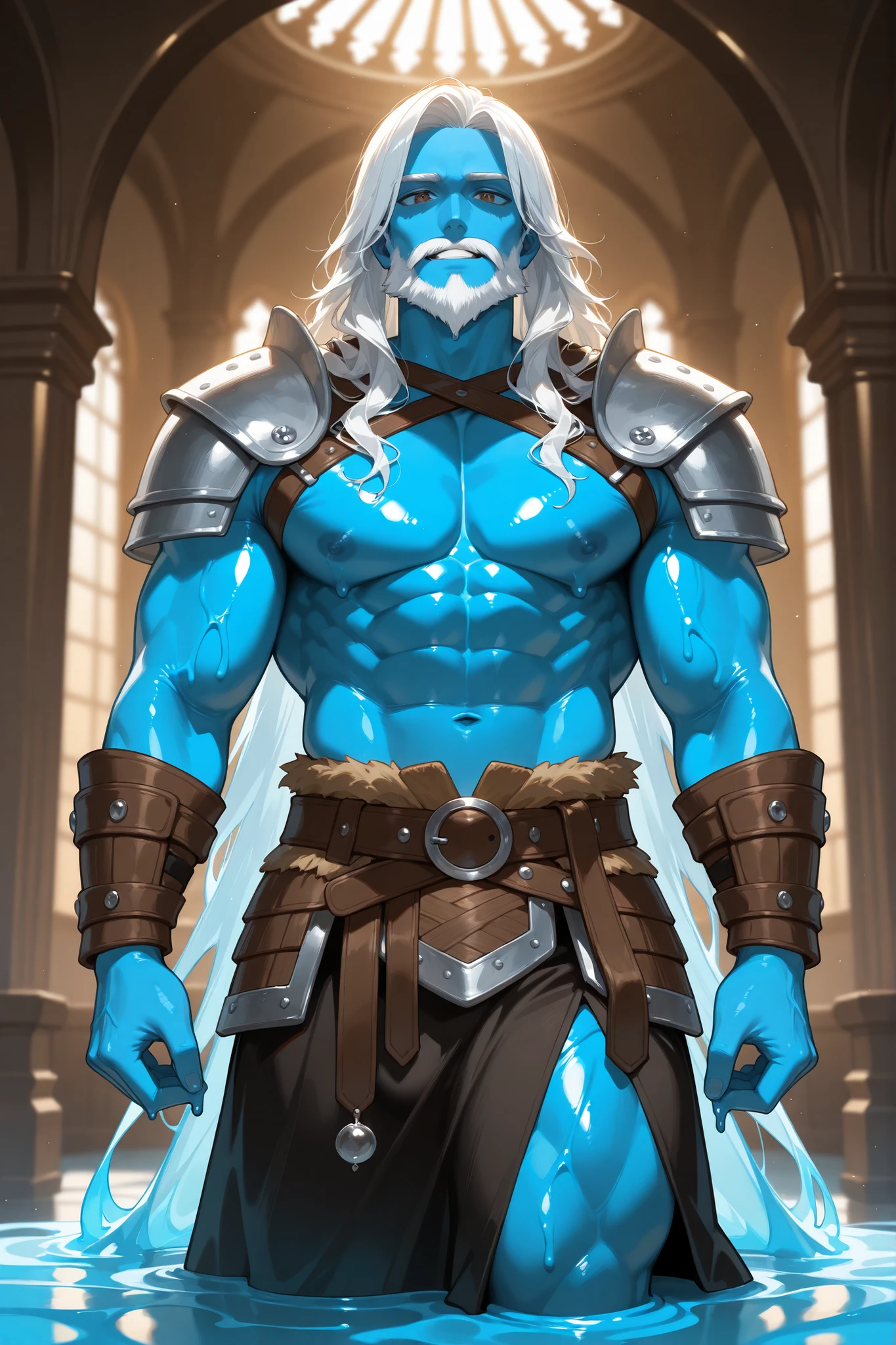 masterpiece,amazing quality,ultra-detailed,coquettish aesthetic,sharp focus,best lighting,detailed illustration,detailed clothing,detailed background,solo_male,slime man,light blue slime body,long flowing wavy white hair,white mustache,white pointed beard,brown eyes,tall,toned slime muscles,silver jewelry,viking warrior armor,light blue slime skin,