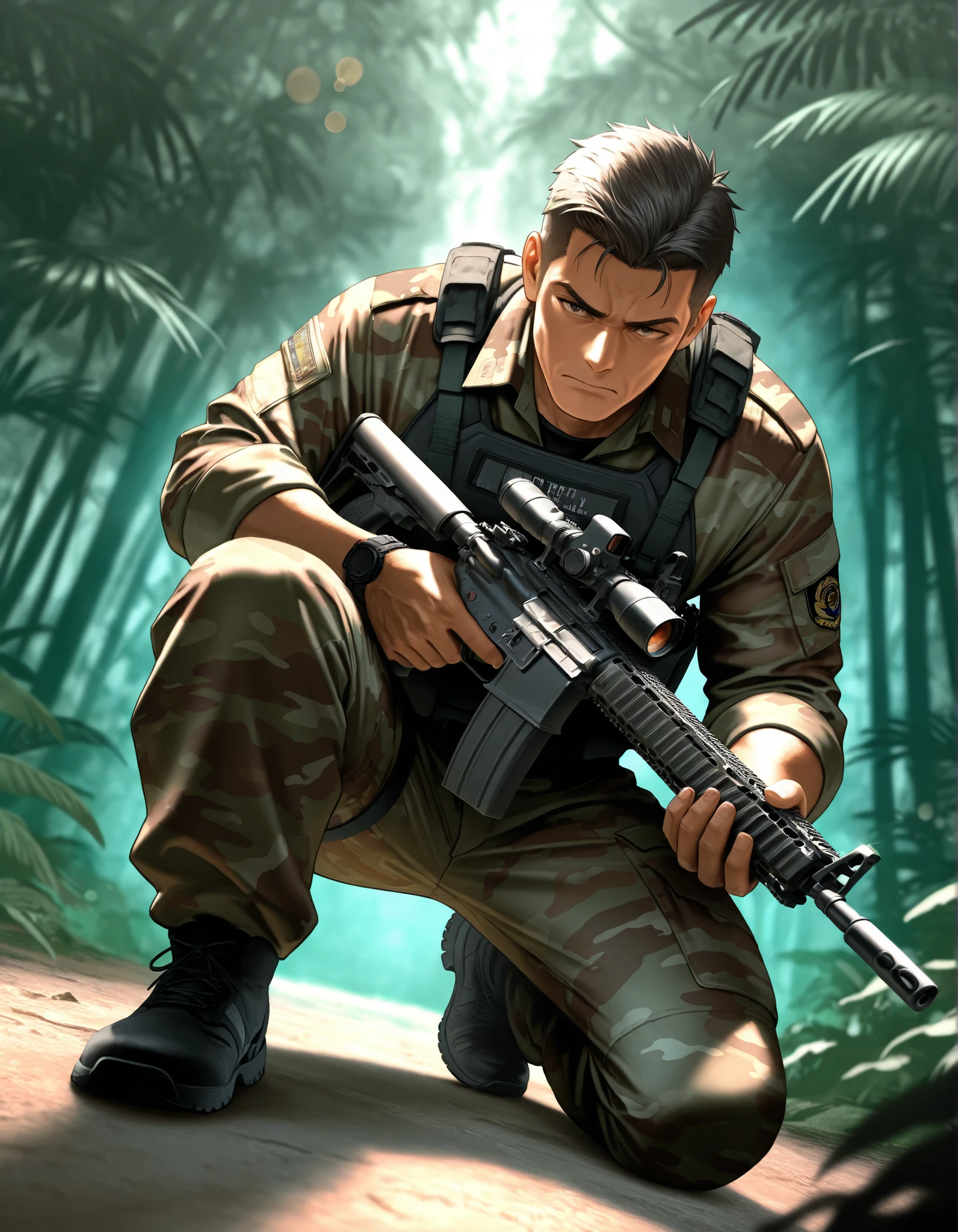 ((masterpiece)). ((best quality)), ((highres)), male focus, private military contractor, solder, mercenary, jungle camouflage battle dress uniform, cigar, aiming and firing an m16 rifle, assault rile, m16a2, intense look on his face, brown hair, short hair, assault vest, jungle backdrop, gritty war atmosphere --auto --s2