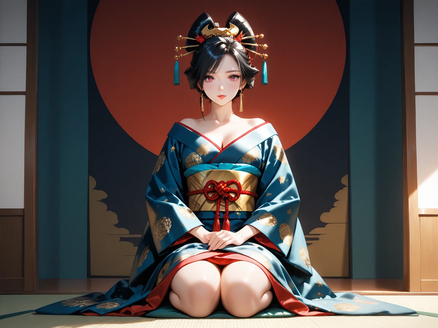 a pale japanese geisha curvy 18 years old girl, short shiny messy hair, (full moon), wearing white ninja suit, holding a magical kunai,sitting on a emperor's throne highly detailed, full lenght, trending on artstation, unreal engine 4 k, cinematic wallpaper by stanley artgerm lau, wlop, rossdraws, james jean, andrei riabovitchev, marc simonetti, yoshitaka amano. background by james jean and gustav klimt, light by julie bell, 4 k, porcelain skin, style of zdislaw beksinski, detailed, 8k, dynamic lighting, white chromatic aberration, smooth, hanyamask