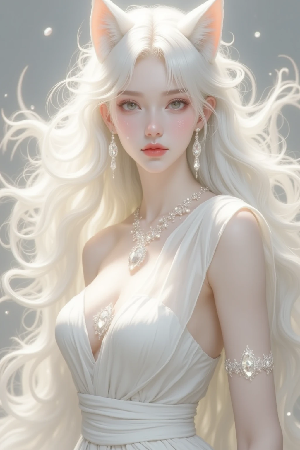 wavy long hair, brown hair,The tips of the hair are yellow,albino,gray eyes, 1 girl, pure white skin, pink lips, Silver dress,Beautiful women in the Middle Ages,greek goddess、pure white diamond hair ornament