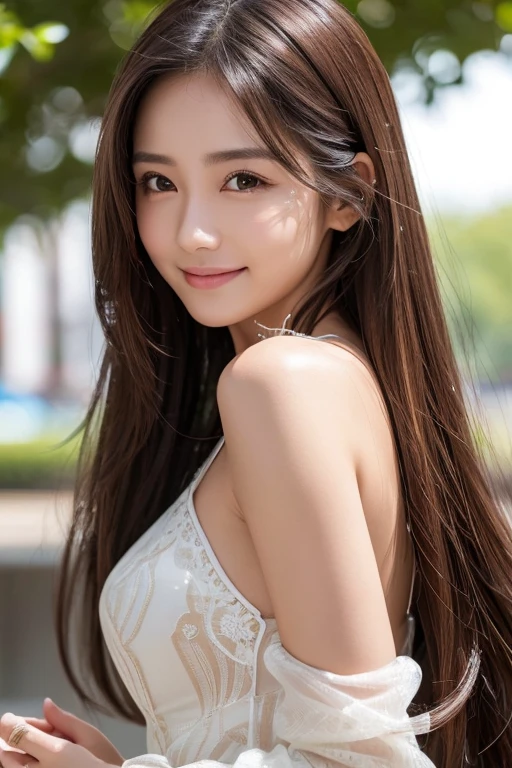 A woman taking a photo, smile, Happy, Long Hair, Straight hair, Detailed skin, Daytime, Hot summer day, Natural light, Detailed face:1.2, Sharp focus, Hasselblad Photography, masterpiece, light makeup, Cinema Lighting, 4K, Highest quality
