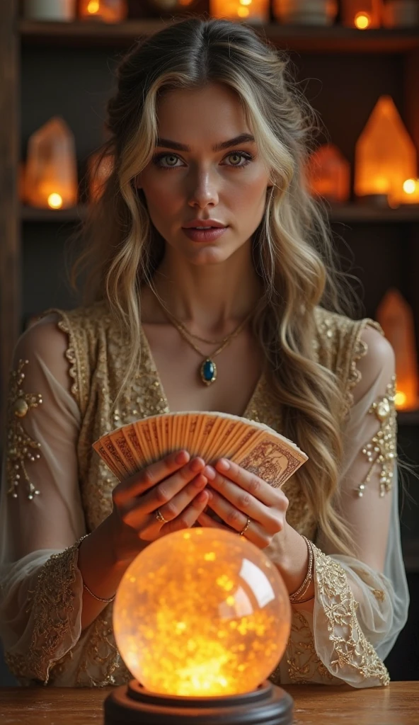 (masterpiece, high resolution, photorealistic: 1.4), (A mystic and magical charming Tarot reader woman, smiling, in a beautiful room full of Tarot themes objects:1.3). she is looking at the cards on the table. (Sony Alpha a7R IV camera expertly accustomed at capturing this captivating moment: 1.2), (combined with a versatile Sony FE 24-70mm f/2.8 GM lens, ensuring every detail is captured beautifully: 1.2) magical (Breath-taking photo of mesmerizing beauty displaying her stunning beauty: 1.2), intricately detailed bio-incandescent luminosity background