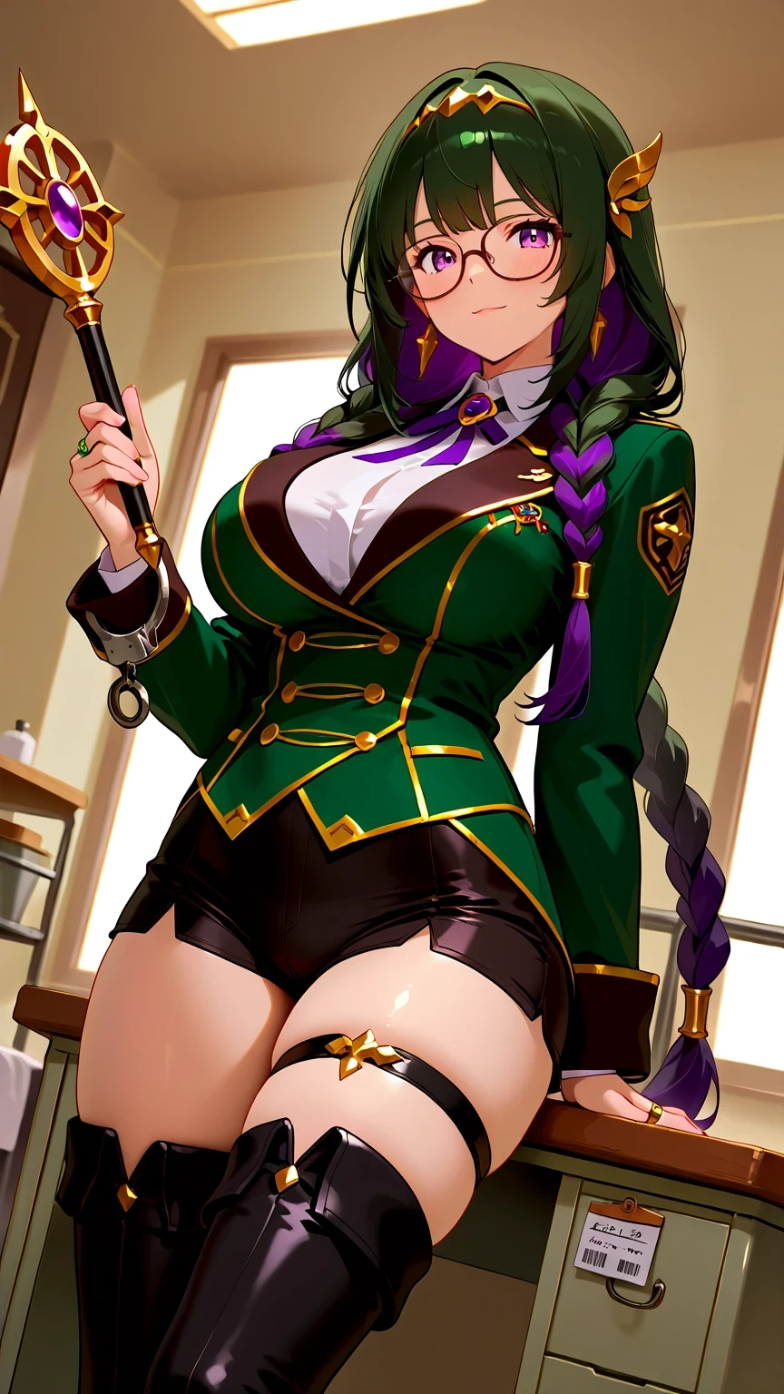 Misaline Absair Edo purple relic restorer costume,(very aesthetic),one girl,BREAK,Aesthetic sagging,Holy Sword,Relic Collection,Has a Small Wand,BREAK,Bangs,Dark green hair,Edo purple hair,Braided twin tail hair,multi colored hair, The world is awful,BREAK,Vintage,girly accessories,Examination Board,Vintage Round Glasses,Alchemy Material,BREAK,crotch thigh-high boots,Scholar Shorts,lady headband,Curvy,constricted,BREAK,(God's miracle masterpiece:1.2,BREAK,最High Quality,High Quality:1.2,perfect anatomy, Unity 8k ),BREAK,side angle the handcuff ring,Light through the window,(rimlight),Job Writing,BREAK,chair in the left hand examination room,Examination Boardで修理する,