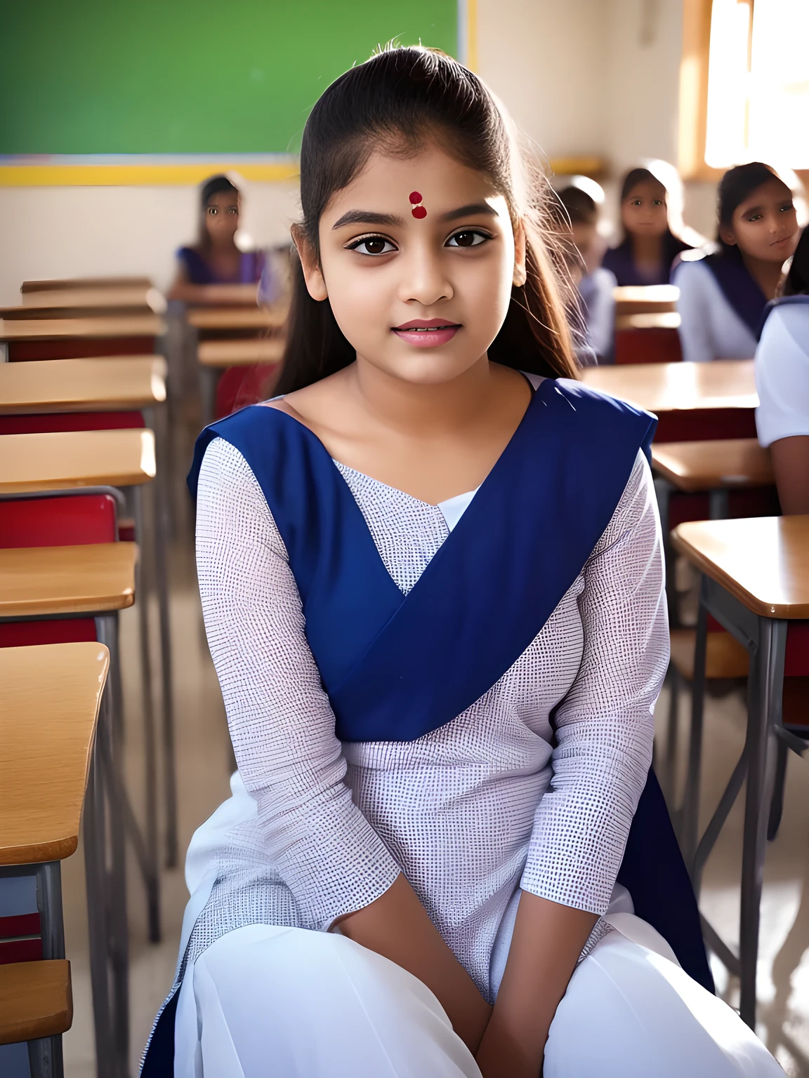 salwar kameez, school girla young indian girl wearing a traditional salwar kameez outfit, sitting in a school classroom, detailed facial features, confident expression, 4k, highly detailed, cinematic lighting, school classroom background, realistic, photorealistic,professional,vivid colors,intricate,elegant,beautiful
