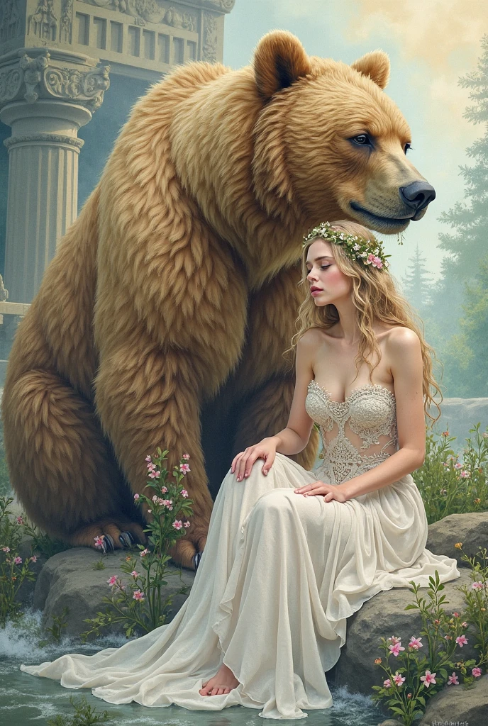 a white woman lies next to a bear on a flowering lawn, long hair is decorated with a floral wreath, long precious beads on her neck, dynamic pose, rich watercolor colors, clear details and lines, light background, the rays of the sun illuminate the woman and the bear, butterflies fly, fantasy, realism , airbrush watercolor with broad strokes, style Mikhail Garmash