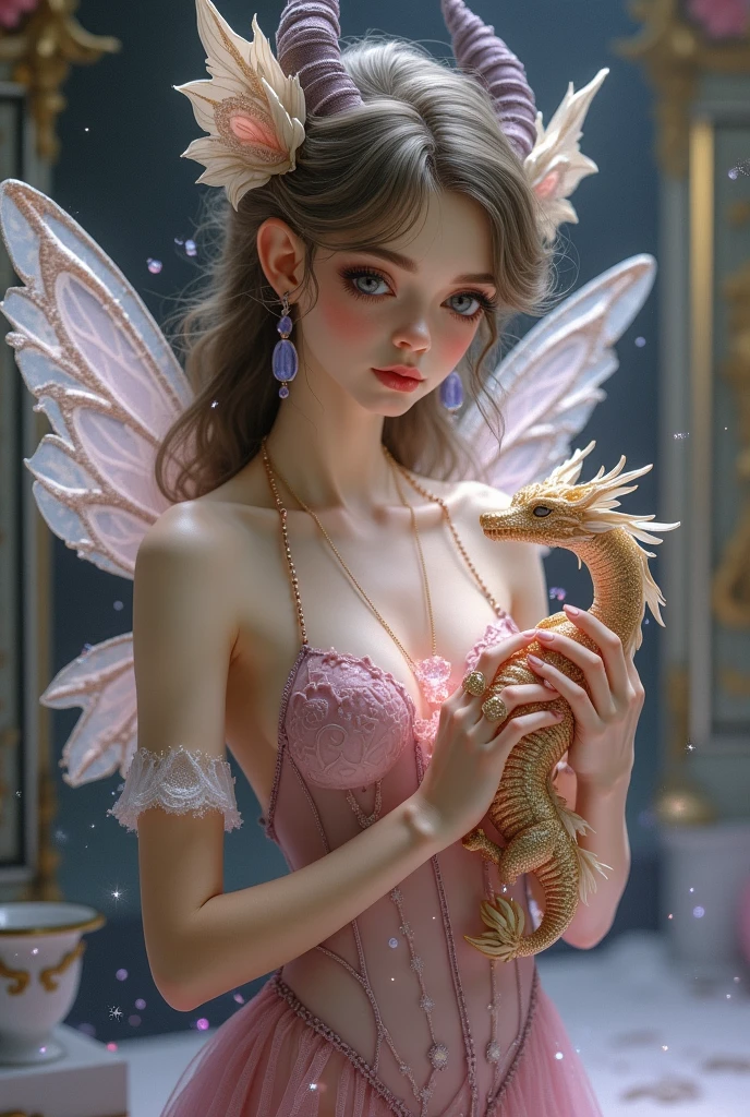 ((masterpiece)), ((best quality)), ((ultra detailed)), delicate, (ultra realistic), 16k wallpaper, ((extremely detailed)), ((american take)), cowboy shot: 1..4, variety of poses, top view, ((no bra)), (tits exposed), ((1girl)), angelic face, very young, , glass eyes, violet eyes, extremely long hair, fluttering in the wind, character strictly two-legged, ((anatomically correct legs)), ((anatomically correct hands)), perfect hands, (five fingers), (detailed face), (perfect butt), (perfect face), (perfect body), ( (small breasts)), has a loving look, a longing expression, intricate flower hair decorations, (black choker, detailed gold and diamond pendant), ((high heels)), background of huge antique clock, gears , pendulums, old numbers on the floor, old porcelain vases, dried flowers in jars, rows of old wine bottles, old furniture. fine porcelain, small decorative figures, old paintings, a huge pet dragon