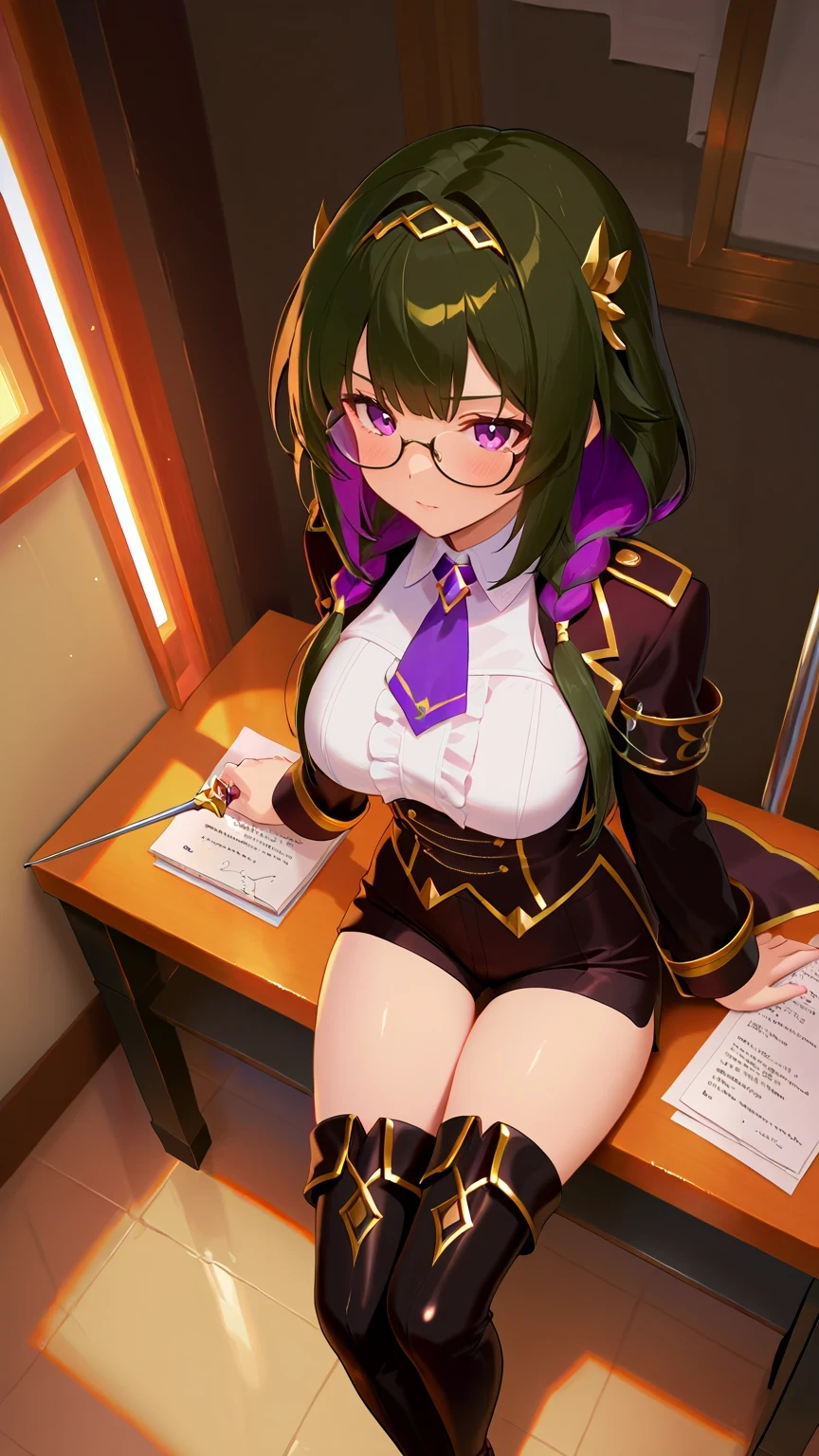 Misarine Absair Edo Purple Sacred Relic Restorer Costume,(very aesthetic),one girl,BREAK,Aesthetic sagging,Holy Sword,Relic Collection,Has a Small Wand,BREAK,Bangs,Dark green hair,Edo purple hair,Braided twin tail hair,multi colored hair, The world is awful,Vintage,girly accessories,Examination Board,BREAK,Vintage Round Glasses,Alchemy Material,BREAK,Crotch Thigh High Boots,Scholar Shorts,lady headband,Curvy,constricted,BREAK,(God's miracle masterpiece:1.2,BREAK,最High Quality,High Quality:1.2,perfect anatomy, Unity 8k ),BREAK,high angle,Light through the window,(rimlight),dynamism lighting
