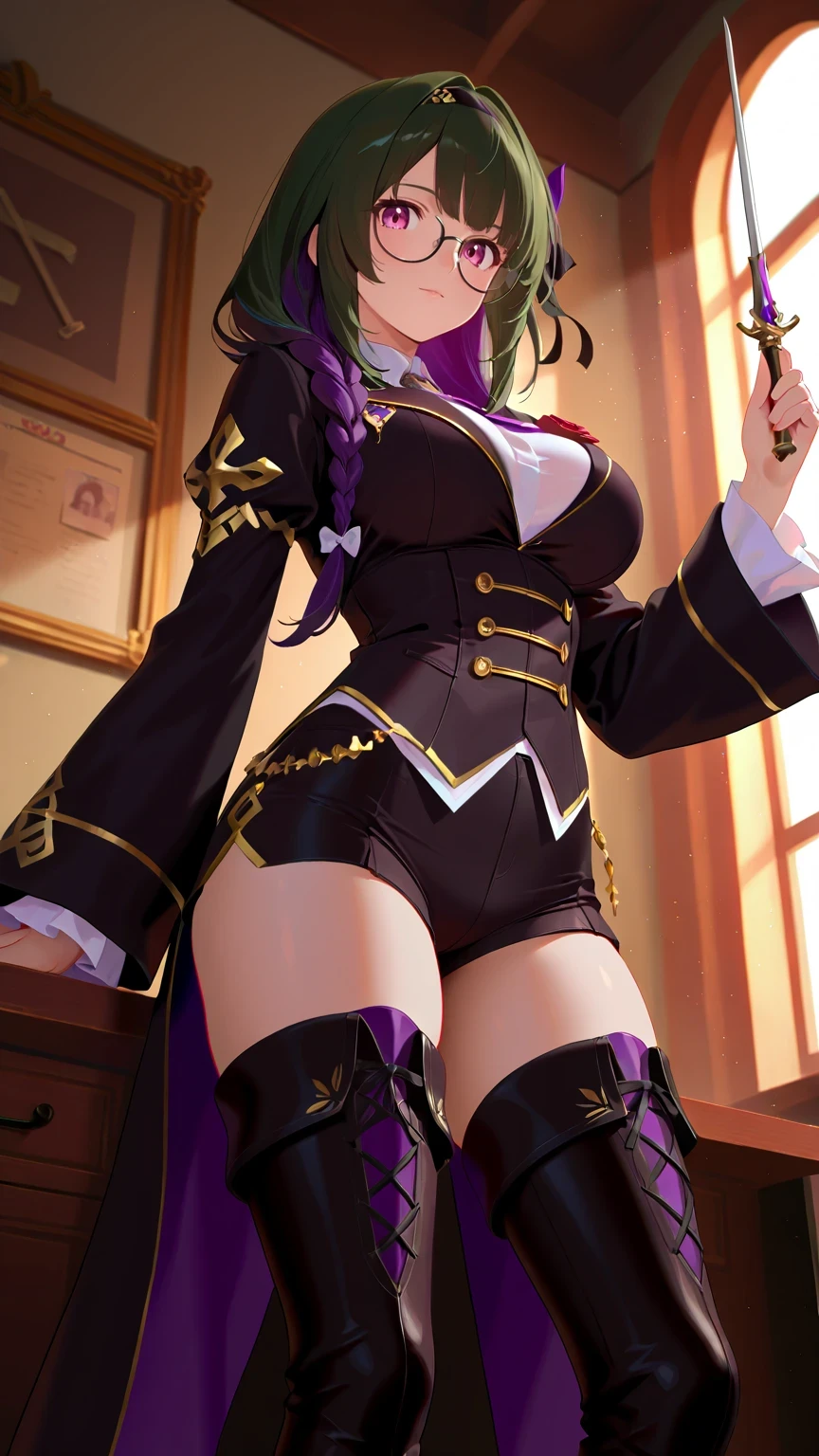Misarine Absair Edo Purple Sacred Relic Restorer Costume,(very aesthetic),one girl,BREAK,Aesthetic sagging,Holy Sword,Relic Collection,Has a Small Wand,BREAK,Bangs,Dark green hair,Edo purple hair,Braided twin tail hair,multi colored hair, The world is awful,Vintage,girly accessories,Examination Board,BREAK,Vintage Round Glasses,Alchemy Material,BREAK,Crotch Thigh High Boots,Scholar Shorts,lady headband,Curvy,constricted,BREAK,(God's miracle masterpiece:1.2,BREAK,最High Quality,High Quality:1.2,perfect anatomy, Unity 8k ),BREAK,upper body angle,Light through the window,(rimlight),cinematic lighting