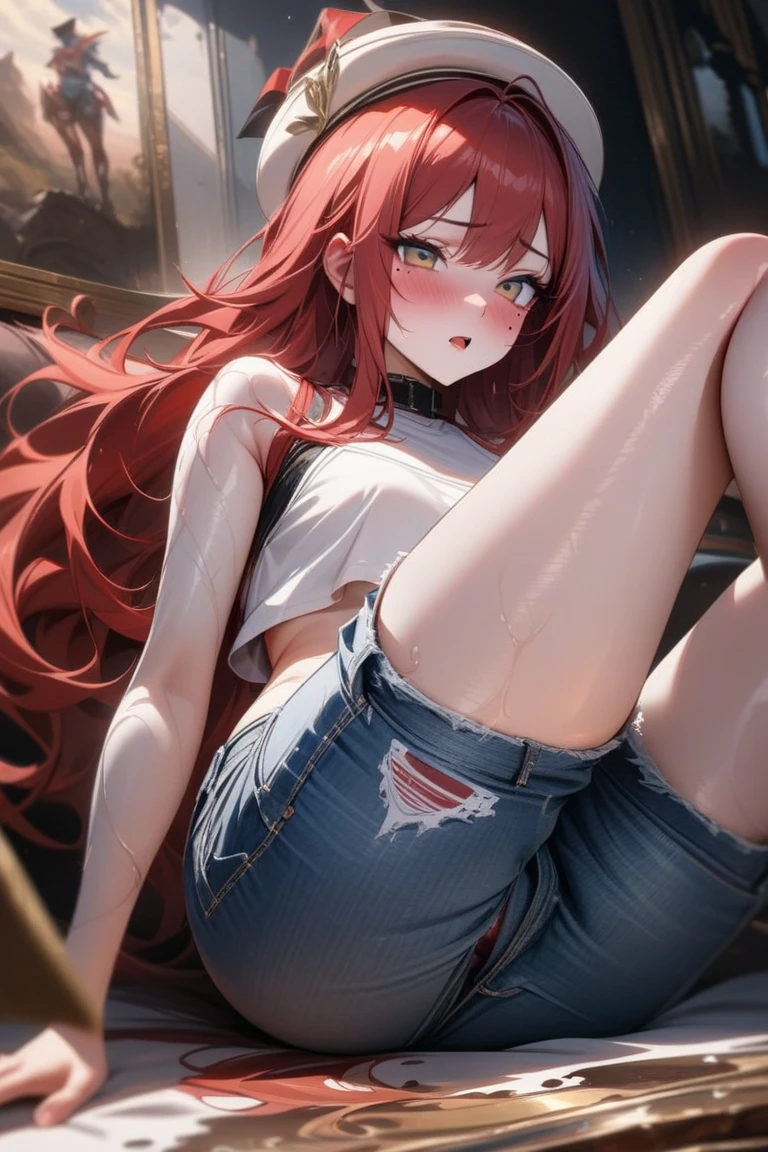 ((masterpiece,best quality anime,Highest quality:1.3)),realistic,having sex,man on top,cowboy shot,(30 year old beauty),gunslinger,1woman,独奏,((very small head:1.4)),((very long body:1.4)),(red hair),bangs,straight long hair,gorgeous big eyes,brown eyes,crying,tears、(Lingerie、White bra、navel、White panties,white_thighhighs,A white garter belt),((slender body:1.3,skinny)),small breasts,gleaming skin,shiny skin,sweat,vaginal penis,Love juice,(lying,on back),spread legs:1.3,ruins、western town、The World of Westerns,nsfw,