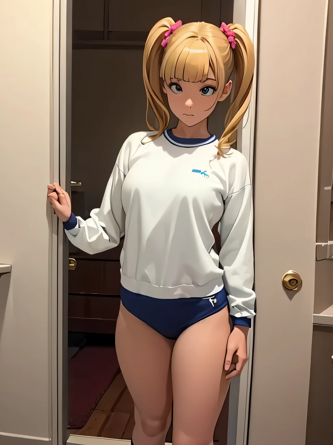 masterpiece、best quality、 my skin is tanned 、brown skin、 Short Blonde Twin Tails 、Blonde dyed hair 、Wear a school-designated long-sleeved jersey on your upper body 、  wears a green exercise bra on her lower body（high leg bloomers、Bulma with 2 white lines on the sides）、loose socks、sneakers、flat chest、A face with an expectant expression  、、、 sweated、 、show your whole body、  A beautiful adult Japanese woman 、An adult woman dressed like a 、Hey no, a woman came 、A scene where a woman opens a door to greet the photographer、 Official Art 、 Shot in modern Japan   、Foot-to-toe images:1.5、