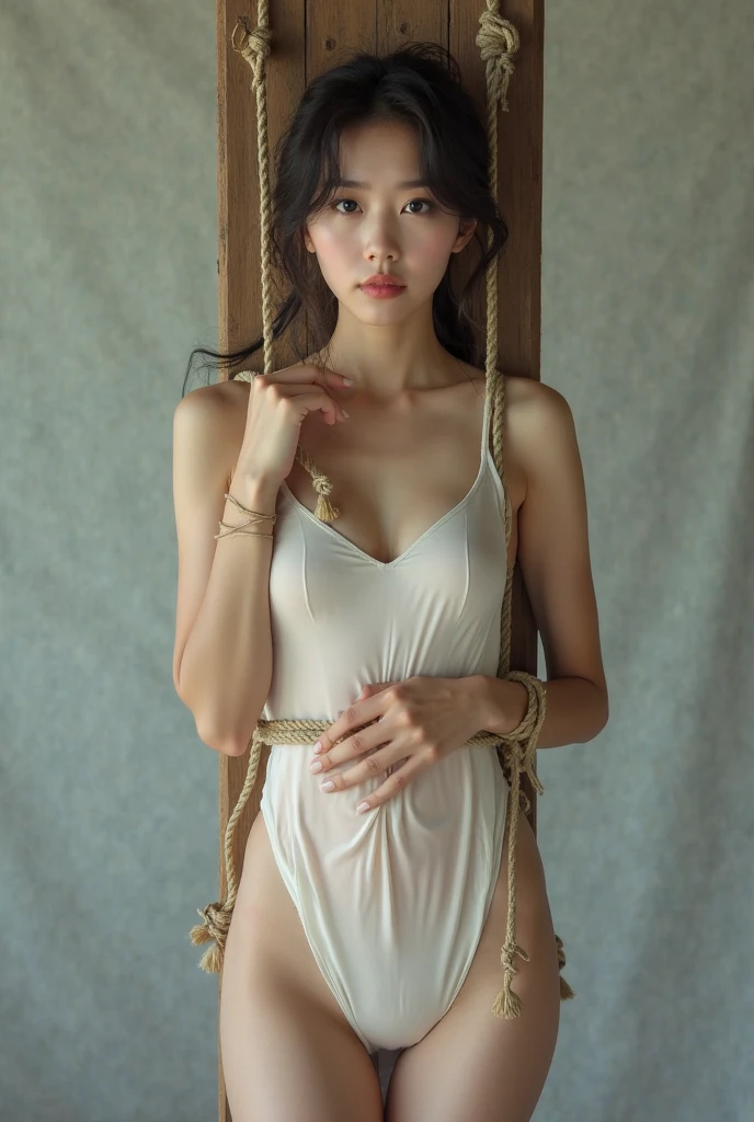 ulzzang-6500-v1.1, (RAW photo:1.2), (Photoreal), (genuine:1.4), (muste piece), Arab Asian woman wearing a white bodysuit and sitting on a chair, tied to a chair, Object made of white mesh rope, (rope bondage, shibari, Flowers and Japanese binding:1.7), strangled with a rope, Photographed with Canon EOS R6, cables in her body, wearing a white leotard, wrapped in a leather strap, japanese goddess