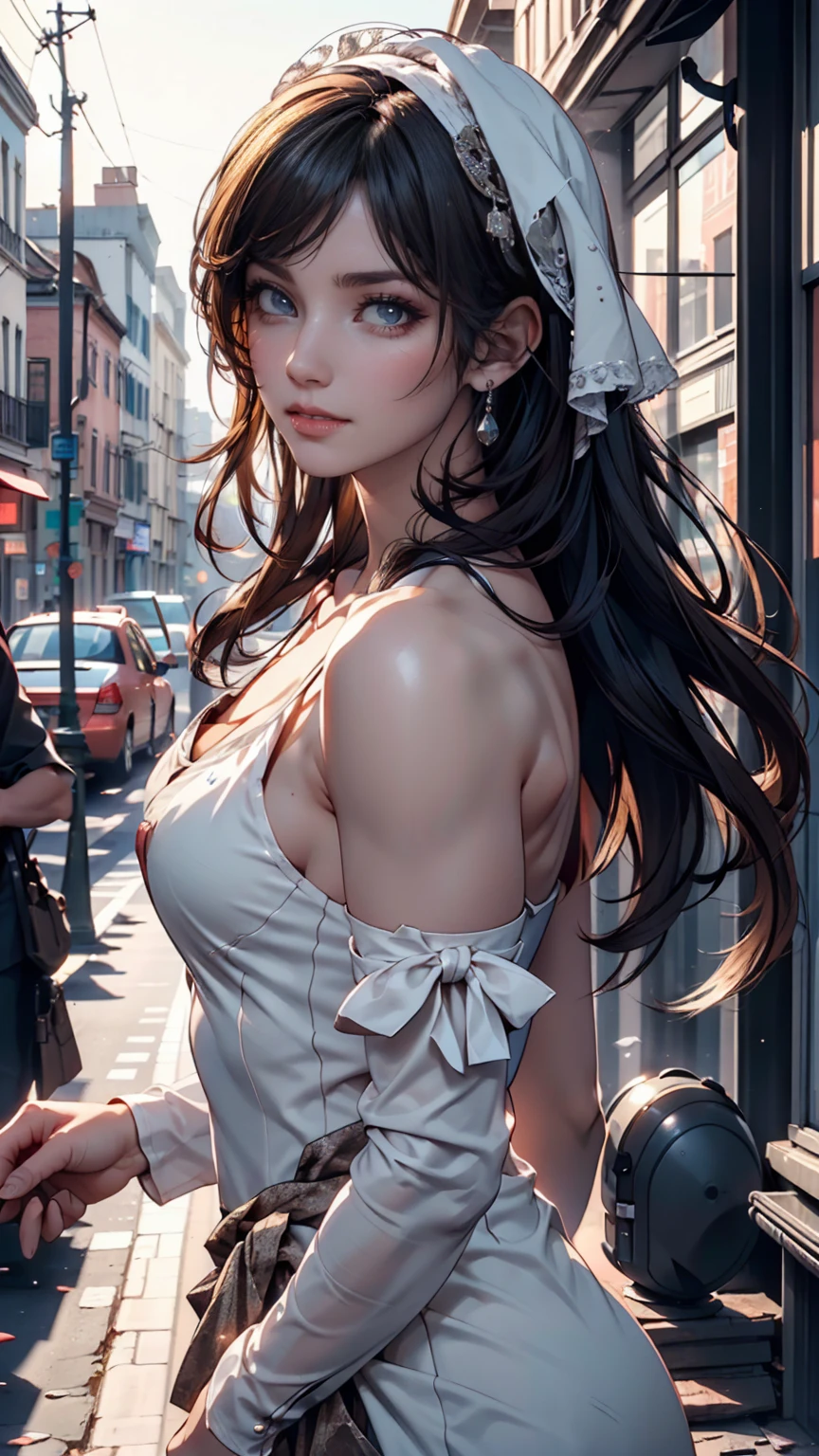 24-year-old woman、Attractive Young Woman, (Beautiful Face:1.1), Detailed eyes, Seductive lips, (eye make up:1.2), (Medium chest:1.0),White dress、Roman holidays、Rome city、Square、white Vespa classic(Mini)Straddle、Audrey Hepburn、smile