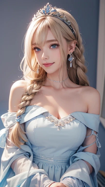 An angelic blonde channeling Saber's regal presence from Fate/Stay Night, her ice-blue eyes piercing forth from an ornate gown against a studio haze-filled backdrop.